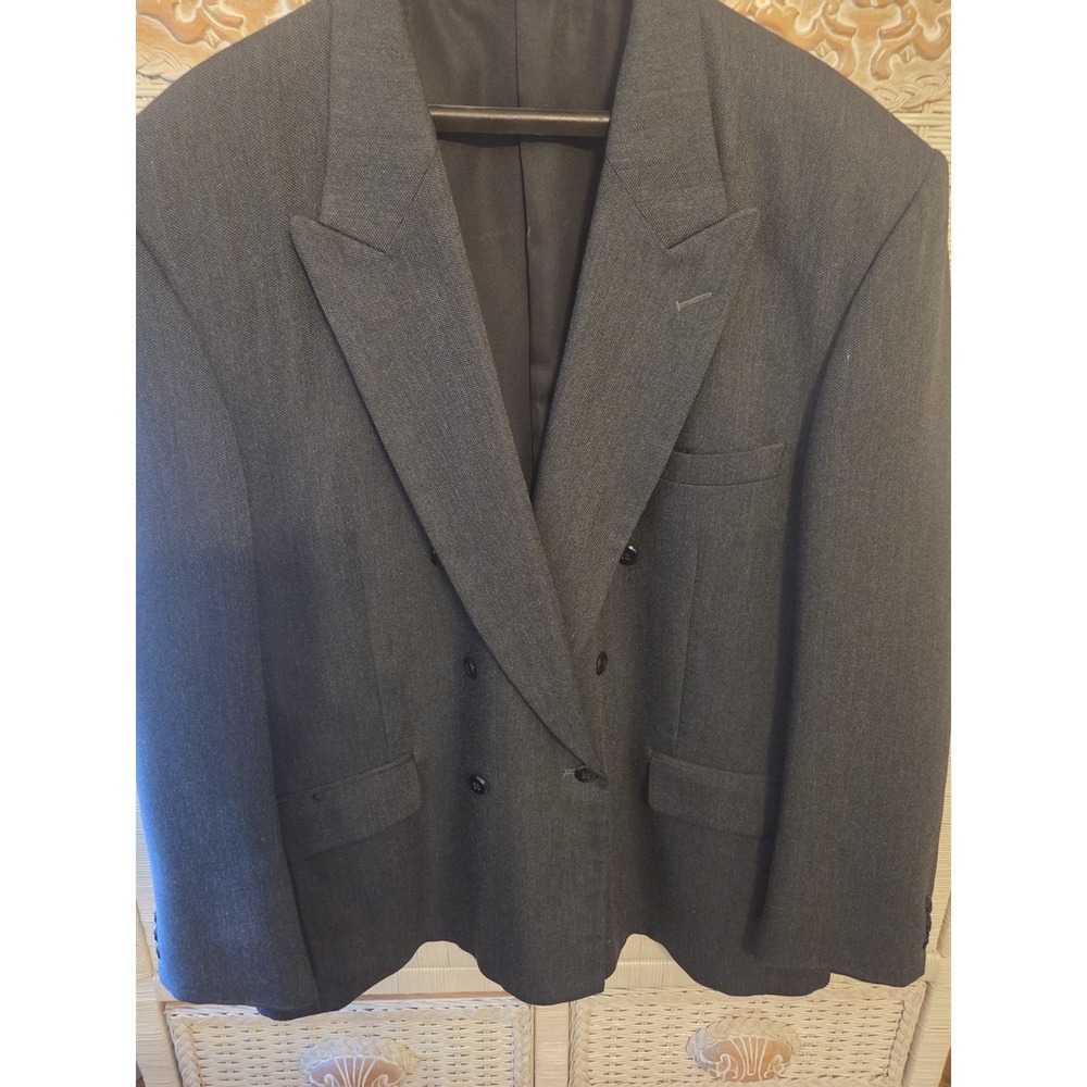 Savane Blazer Jacket Mens 46R Gray  Poly Wool Double Breasted‎ Lined Sports Coat